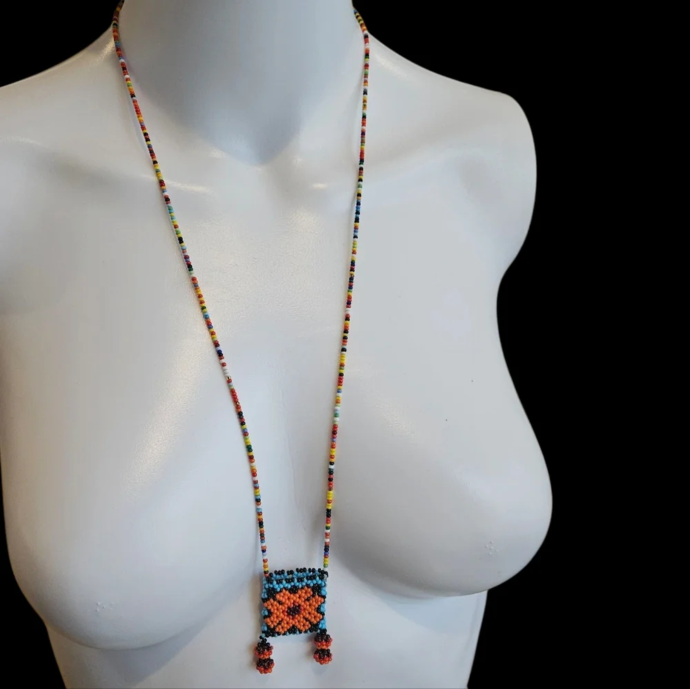 NWT - Colorful Handmade Beaded Necklace with Floral Medicine Pouch